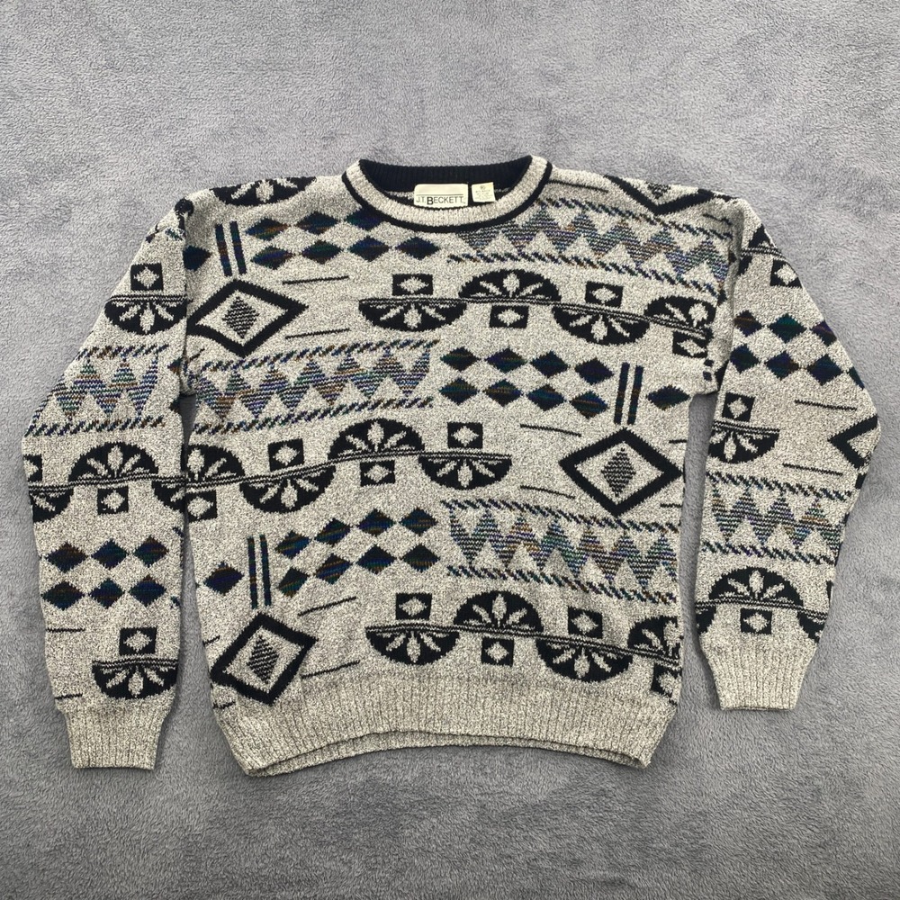 Vintage J.T. Beckett Sweater Men XL Grey Geometric Southwestern Tribal Knit Crew
